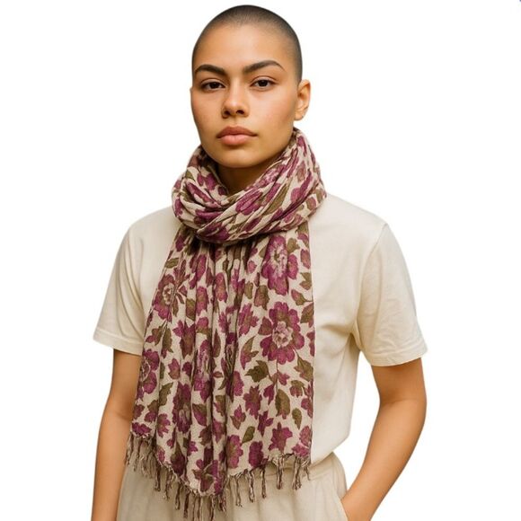 Nordstrom LARGE Ikat Floral Crinkle Fringe Scarf Wrap Shawl Berry-Multi 96"x39" - Picture 1 of 13